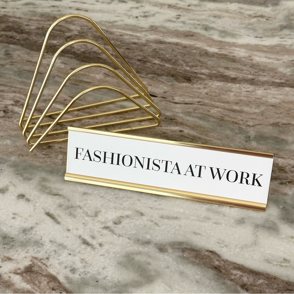 Gold βFashionista At Workβ Desk Sign / Name Plate & Office Folder Holder Set